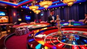 Exciting Fun88 casino scene with a vibrant gaming table, poker chips, and dealer.