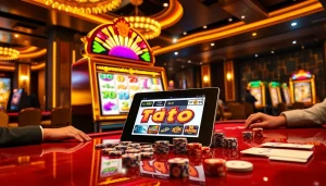Experience thrilling toto slot action at a modern casino with vibrant slot machines and enthusiastic players.