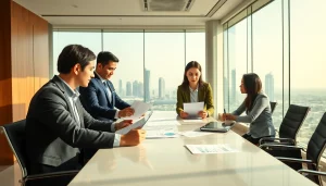 Engaging team discussing Corporate Tax Consultancy in Abu Dhabi in a modern office setting.