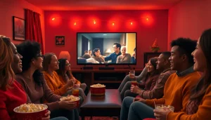 Friends enjoying a cozy movie night while watching filme online subtitrate comfortably at home.