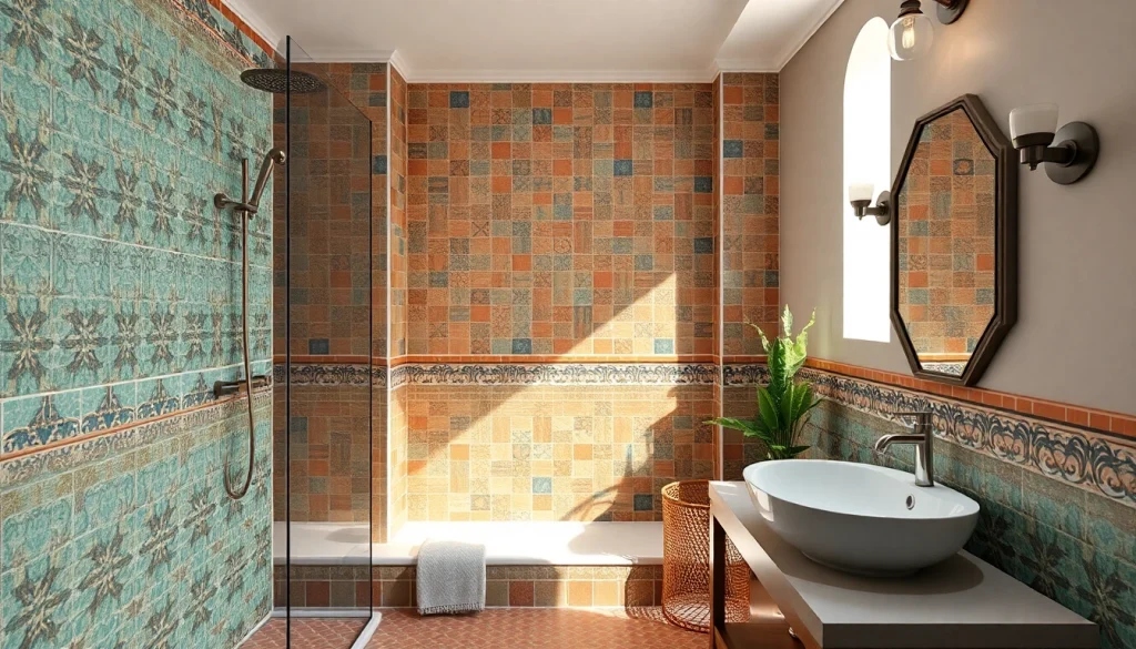 Carreaux Zellige dans une salle de bains marocaine vibrante, mettant en valeur des motifs complexes et des couleurs chaleureuses.