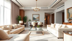 Showing modern interior design dubai with elegant furniture and warm lighting
