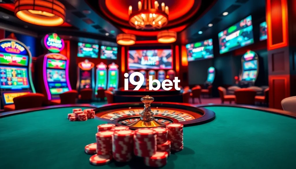 Experience the thrill of gambling at i9bet with luxurious casino tables and vibrant slot machines.