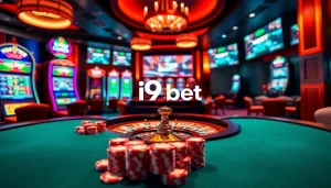 Experience the thrill of gambling at i9bet with luxurious casino tables and vibrant slot machines.