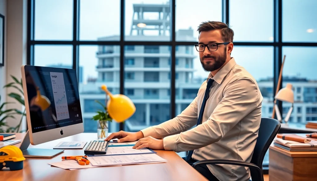 Biuro rachunkowe dla firmy budowlanej w nowoczesnym biurze z narzędziami finansowymi i planami budowlanymi.