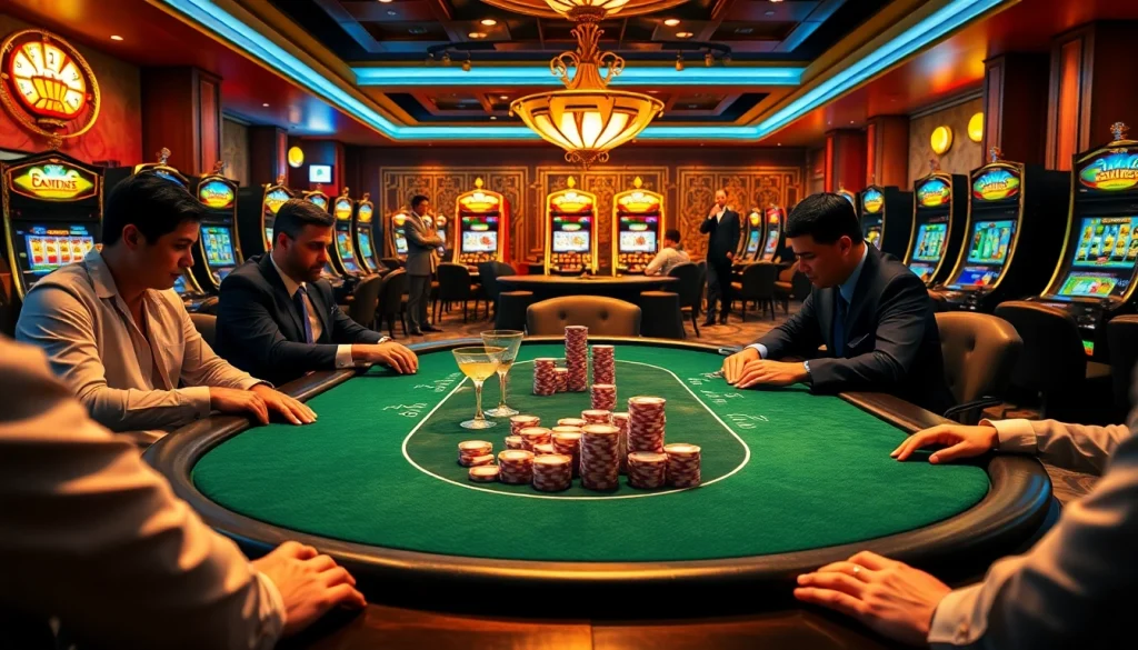 Players at a high-stakes poker table at 123b casino with colorful chips and cocktails.