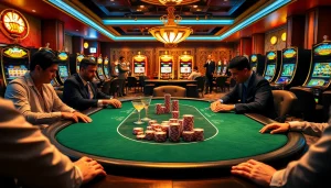 Players at a high-stakes poker table at 123b casino with colorful chips and cocktails.