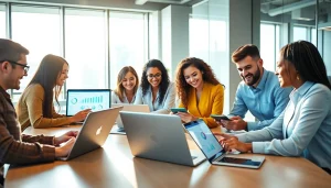 Collaborative professionals using WPS下载 in a modern workspace.