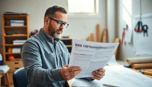 Contractor examining the DAS 140 form in a detailed construction office setting.