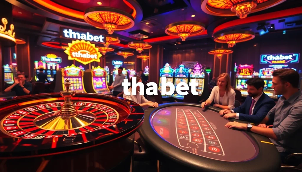 Thrilling casino action at THABET featuring roulette, blackjack, and vibrant slot machines.
