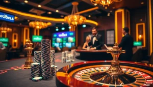 Exciting moment of betting at i9bet's luxurious online casino table featuring poker chips and roulette.