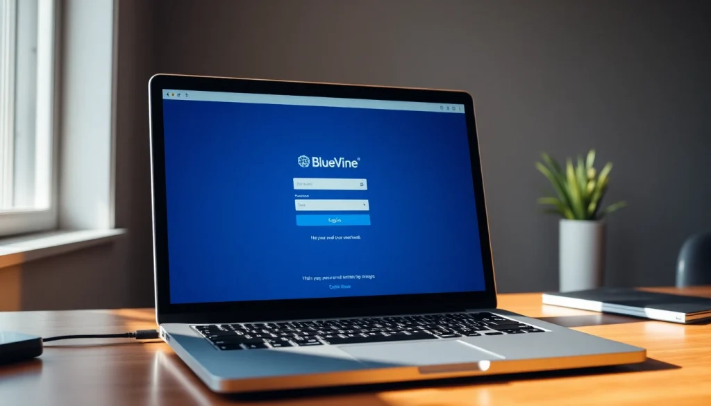 Access the secure BlueVine login page from a clean workspace setup with a laptop.
