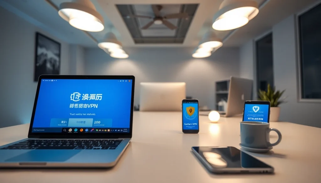 快连官网 showcased on modern tech devices in a sleek office environment, emphasizing user-friendly VPN access.
