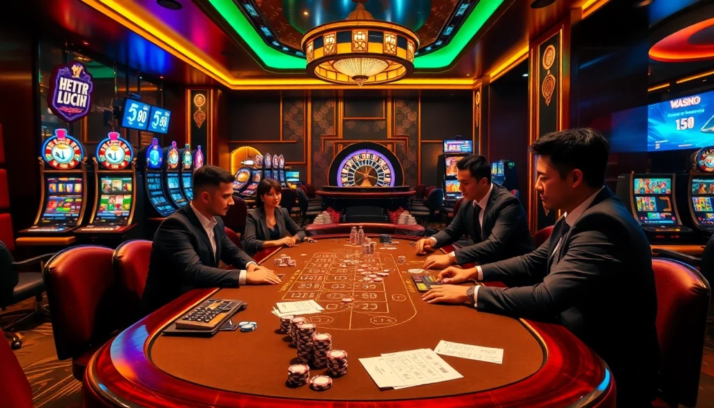 Engaging in a high-stakes game at vn88 casino with vibrant atmosphere and poker elements.