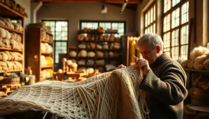 Artisan showcasing handcrafted clothing at https://www.ound-ound.com with intricate knit patterns.