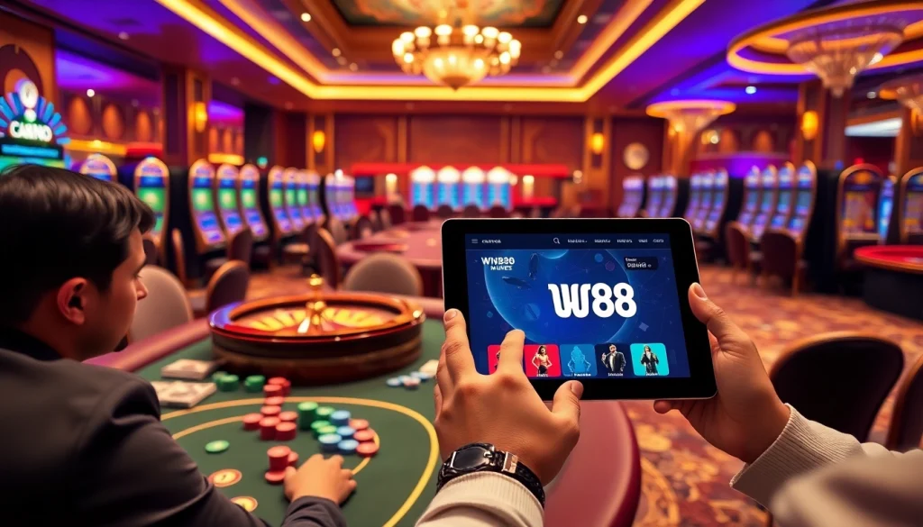 Trải nghiệm cảm giác hồi hộp tại casino W88 với những bàn chơi đầy sống động, chip poker và các tương tác trực tuyến hấp dẫn.