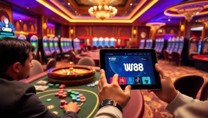 Trải nghiệm cảm giác hồi hộp tại casino W88 với những bàn chơi đầy sống động, chip poker và các tương tác trực tuyến hấp dẫn.