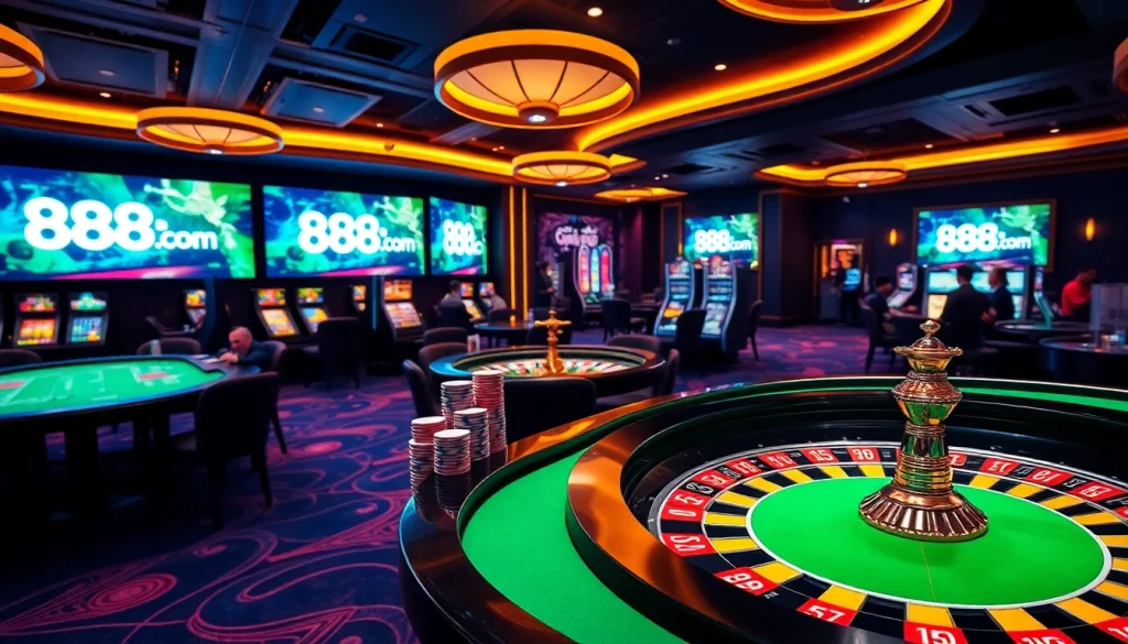 Exciting casino atmosphere showcasing 888b com, with poker chips and roulette wheel.