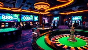 Exciting casino atmosphere showcasing 888b com, with poker chips and roulette wheel.