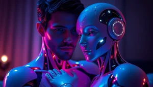 Embracing ai sex with a futuristic AI companion in an intimate, softly-lit setting.