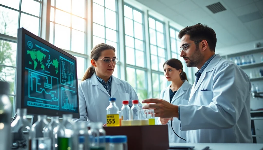 WIN55 cannabinoid research in a bright laboratory setting with scientists collaborating.