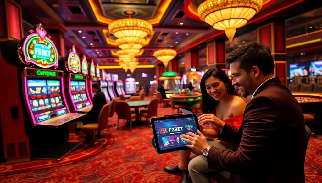 A dynamic scene illustrating players engaging with F8BET's online casino interface amid luxurious gaming tables and vibrant slot machines.