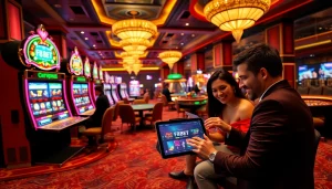 A dynamic scene illustrating players engaging with F8BET's online casino interface amid luxurious gaming tables and vibrant slot machines.