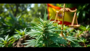 Illustration of legalisation canabis espagne showcasing cannabis plant with symbols of legality in a natural urban setting.