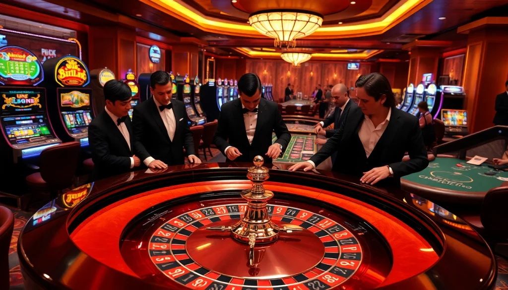 Exciting casino scene showcasing 상품권소액결제 options with a luxurious roulette table and engaged players.
