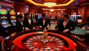 Exciting casino scene showcasing 상품권소액결제 options with a luxurious roulette table and engaged players.