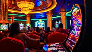 Engaging slot machine with a $100 bet option amidst lively casino atmosphere.
