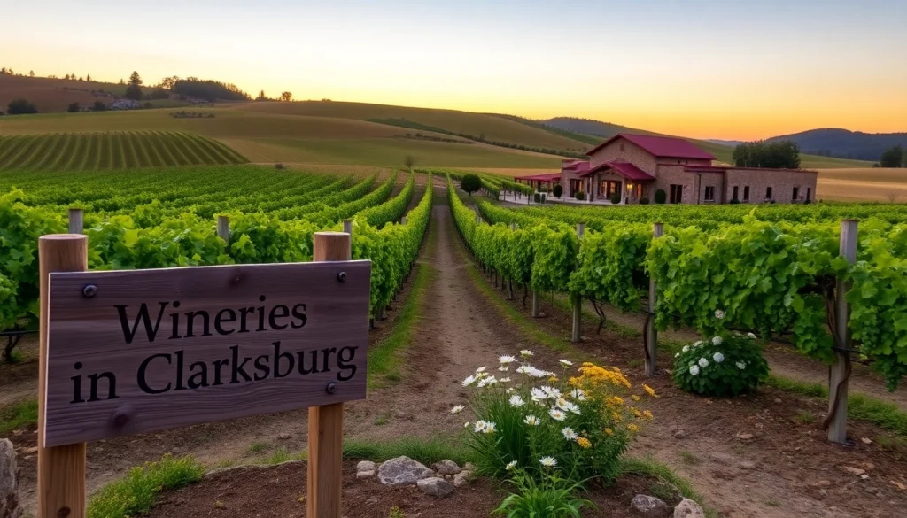 Discover the scenic beauty of wineries in Clarksburg, featuring sunlit grapevines and inviting landscapes.