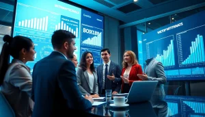 Financial professionals celebrating BOX138 withdrawal success in a modern office.