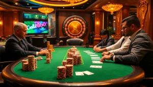 Vibrant casino scene featuring high-stakes poker action at vn168, showcasing players and colorful chips.