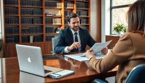 real estate lawyer consulting clients in an inviting office environment, showcasing professionalism and engagement.