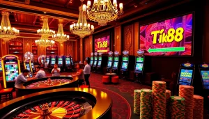 Trải nghiệm sự hào hứng của tik 88 với hình ảnh casino sống động, có roulette và máy đánh bạc.