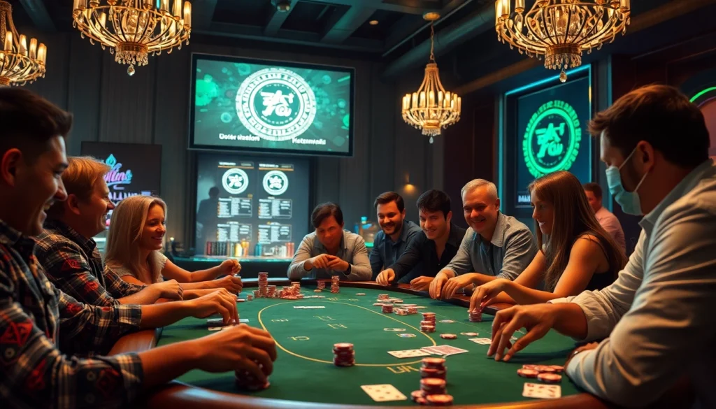 Gamblers engaging in a high-stakes poker game inspired by hidden wiki links in a luxurious casino.