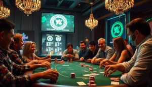 Gamblers engaging in a high-stakes poker game inspired by hidden wiki links in a luxurious casino.