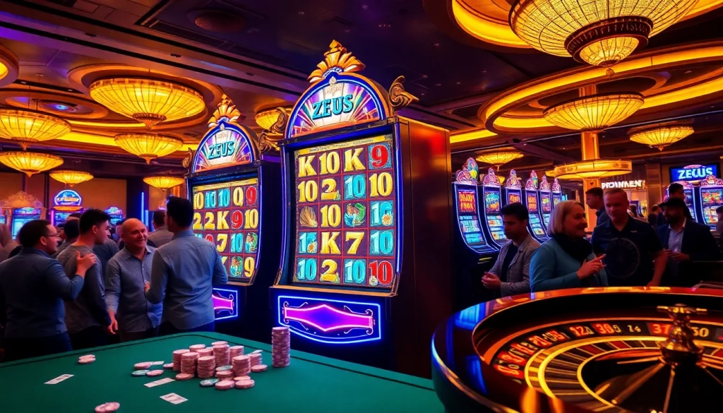 Penjudi yang antusias bermain slot Zeus dengan lampu-lampu berwarna dan gulungan di suasana kasino yang dinamis.