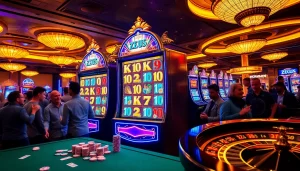 Penjudi yang antusias bermain slot Zeus dengan lampu-lampu berwarna dan gulungan di suasana kasino yang dinamis.
