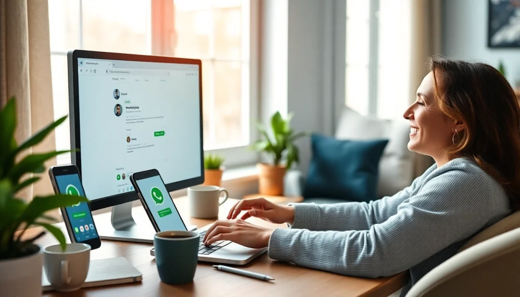 在现代桌面上使用 WhatsApp Web，展示沟通的便捷性与连接性。