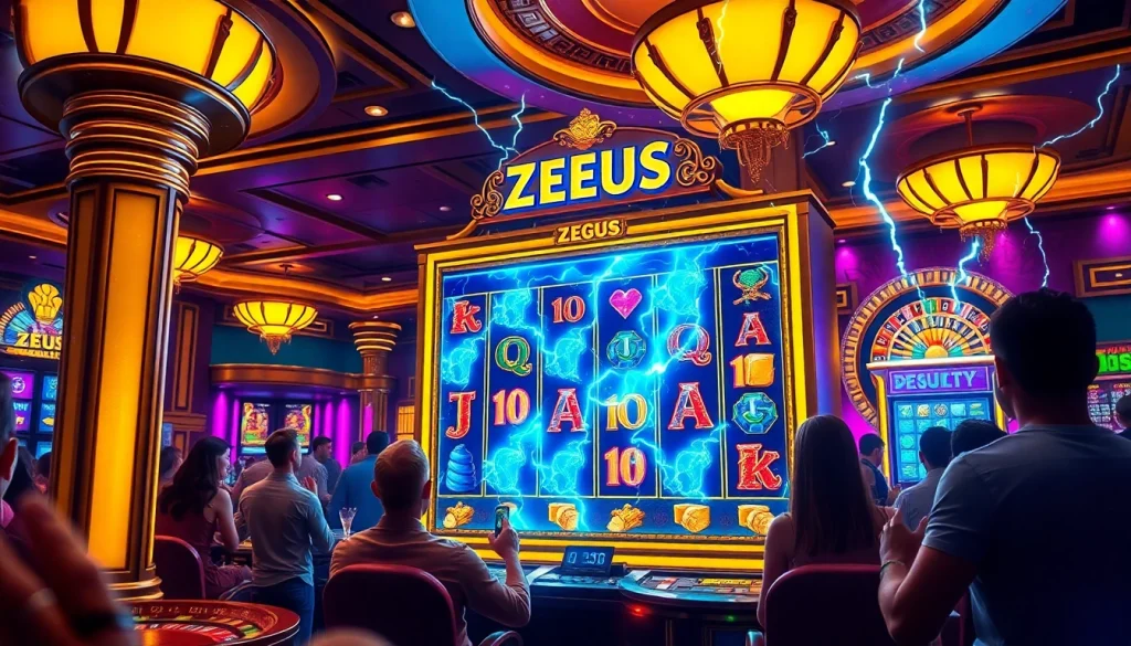 Engaging players try their luck on the vibrant Zeus slot machine in a luxurious casino setting.