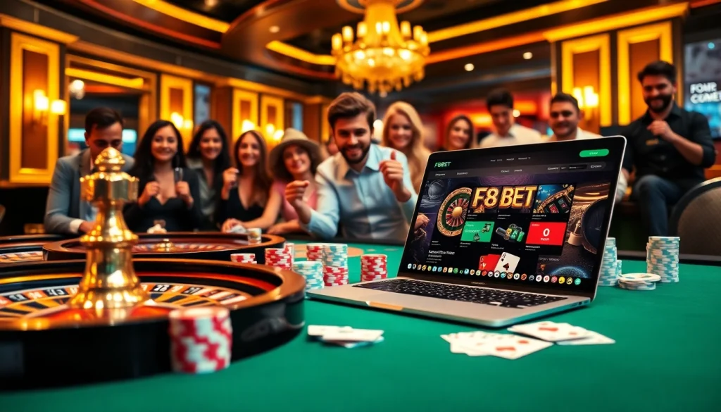 F8BET players engaging around a luxury casino table filled with poker chips and roulette.