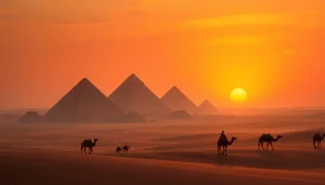 Experience the timeless beauty of piraminds against a stunning sunset backdrop.