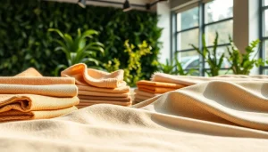 Duurzame stoffen assortiment met diverse kleurrijke en ecologisch verantwoorde textielen tentoonstellingen