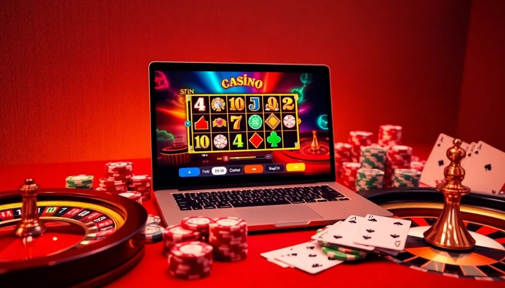 Exciting gameplay on idn slot showcased with luxurious casino elements like poker chips and a roulette wheel.