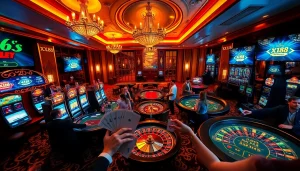 Experience the excitement of xx88 casino with vibrant slots, poker tables, and gamblers enjoying high-stakes gameplay.