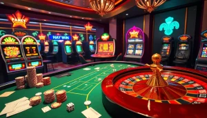 Experience the thrill of gambling at hay.win with an elegant casino scene featuring poker tables and roulette.