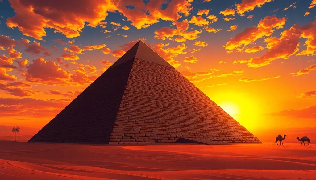 An artistic view of the Great Pyramid of Giza, showcasing the grandeur of piraminds at sunset.