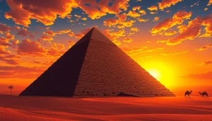 An artistic view of the Great Pyramid of Giza, showcasing the grandeur of piraminds at sunset.